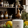 Lemon balm jar with lemons and herbs on a wooden surface, shelves with bottles in the background